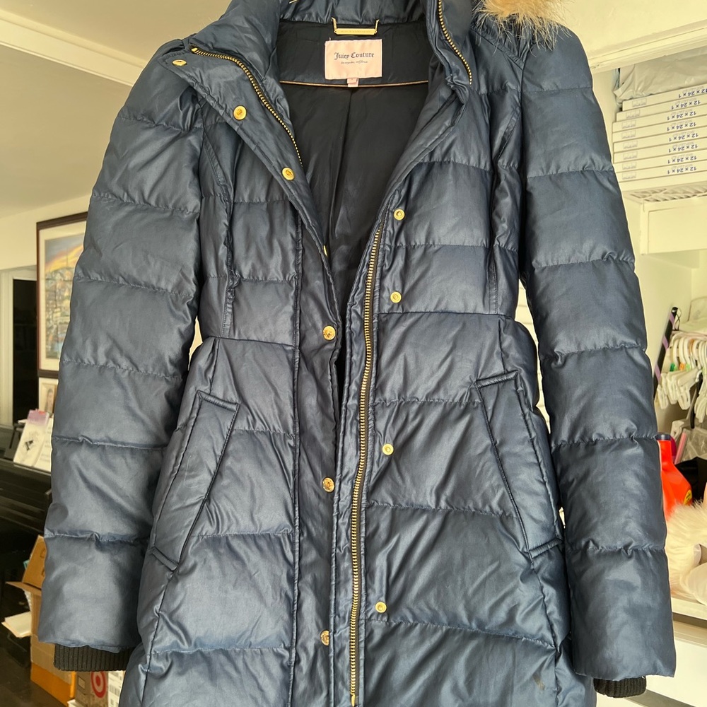 Juicy Couture Navy Puffer Coat with Fur Detail